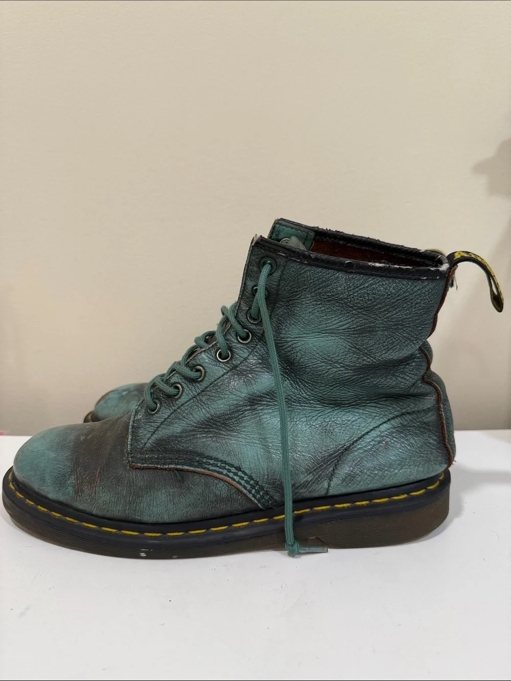Dr. Martens Teal Green Leather Chukka Boots with Yellow Stitching